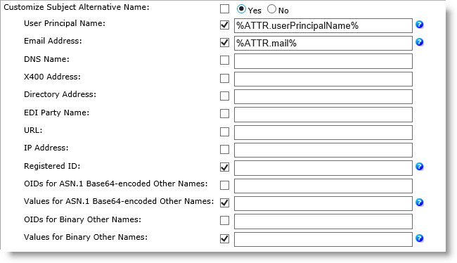 Customize Subject Alternative Name section of PKI Application Configuration screen displayed when Customize Subject Alternative Name option is set to Yes